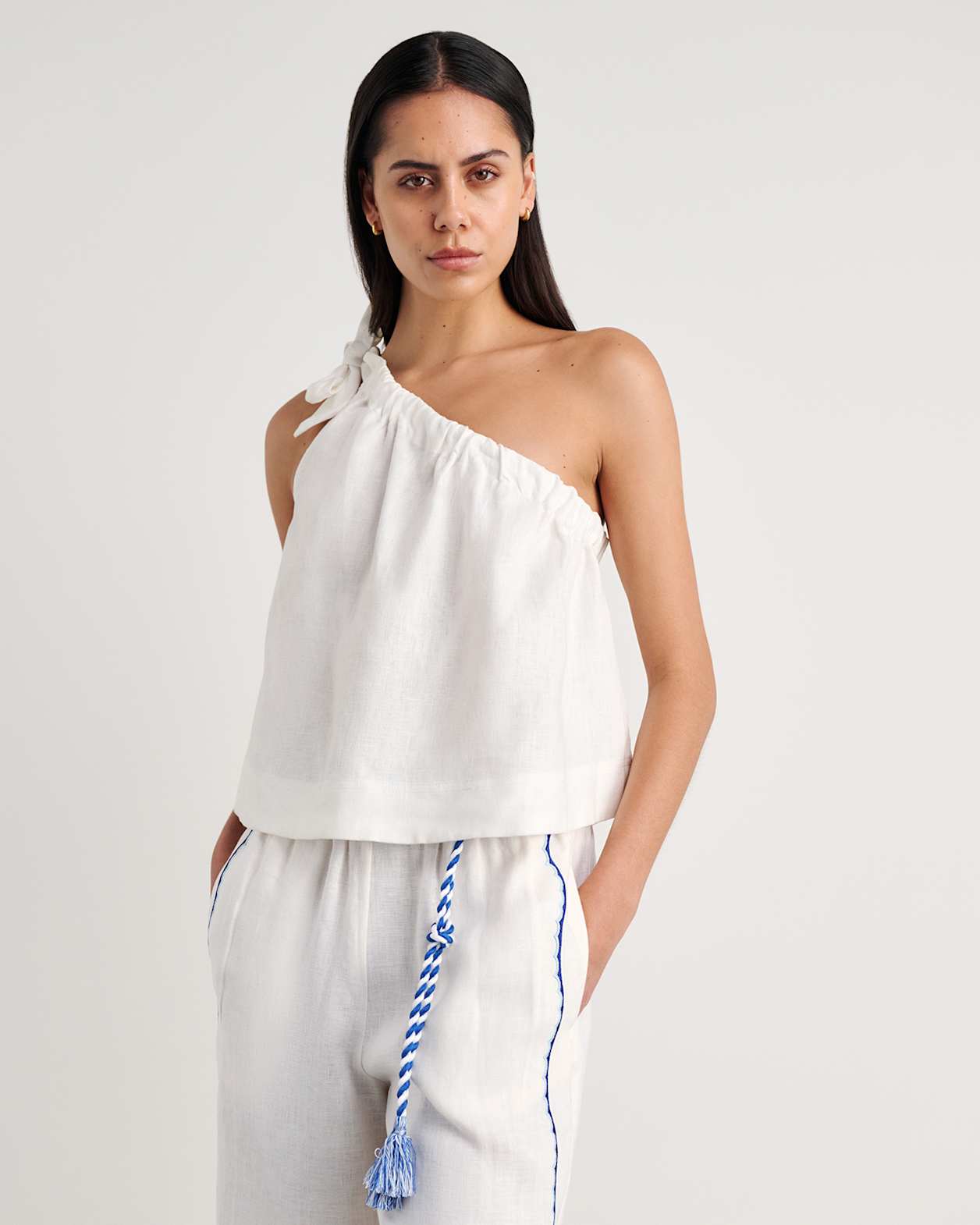 Ariel One Shoulder Linen Top in WHITE