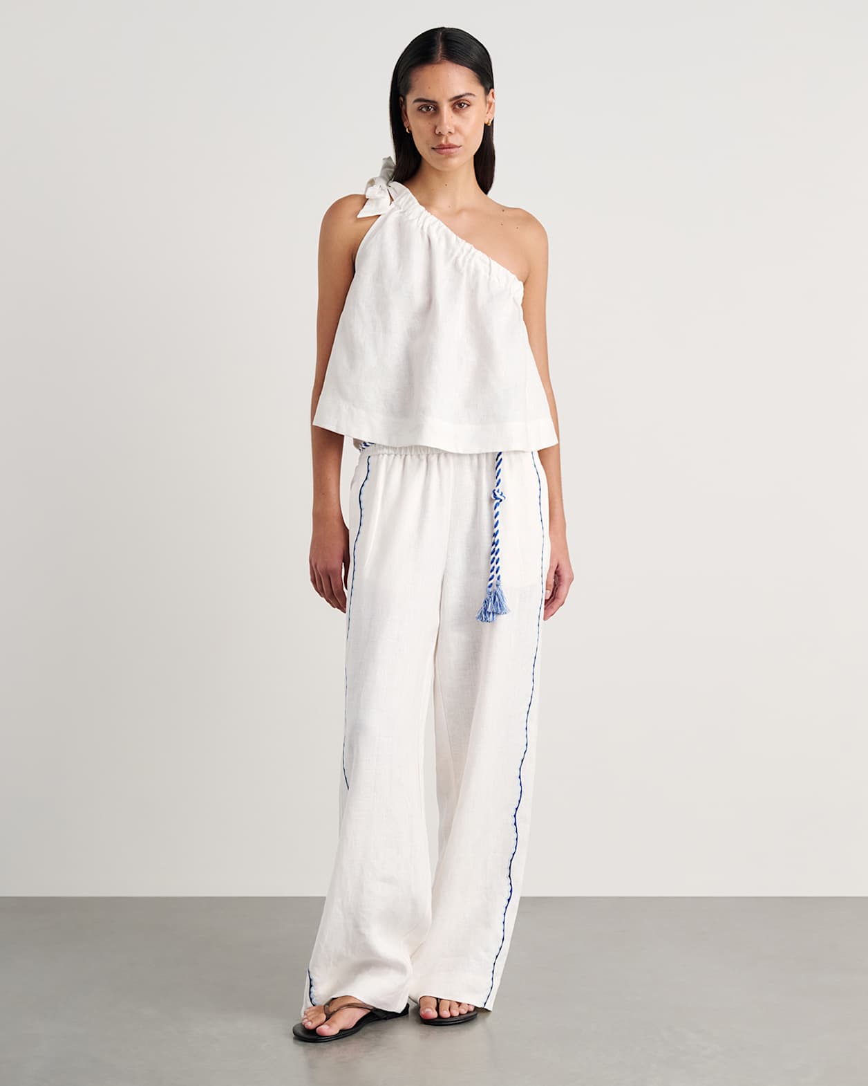 Ariel One Shoulder Linen Top in WHITE