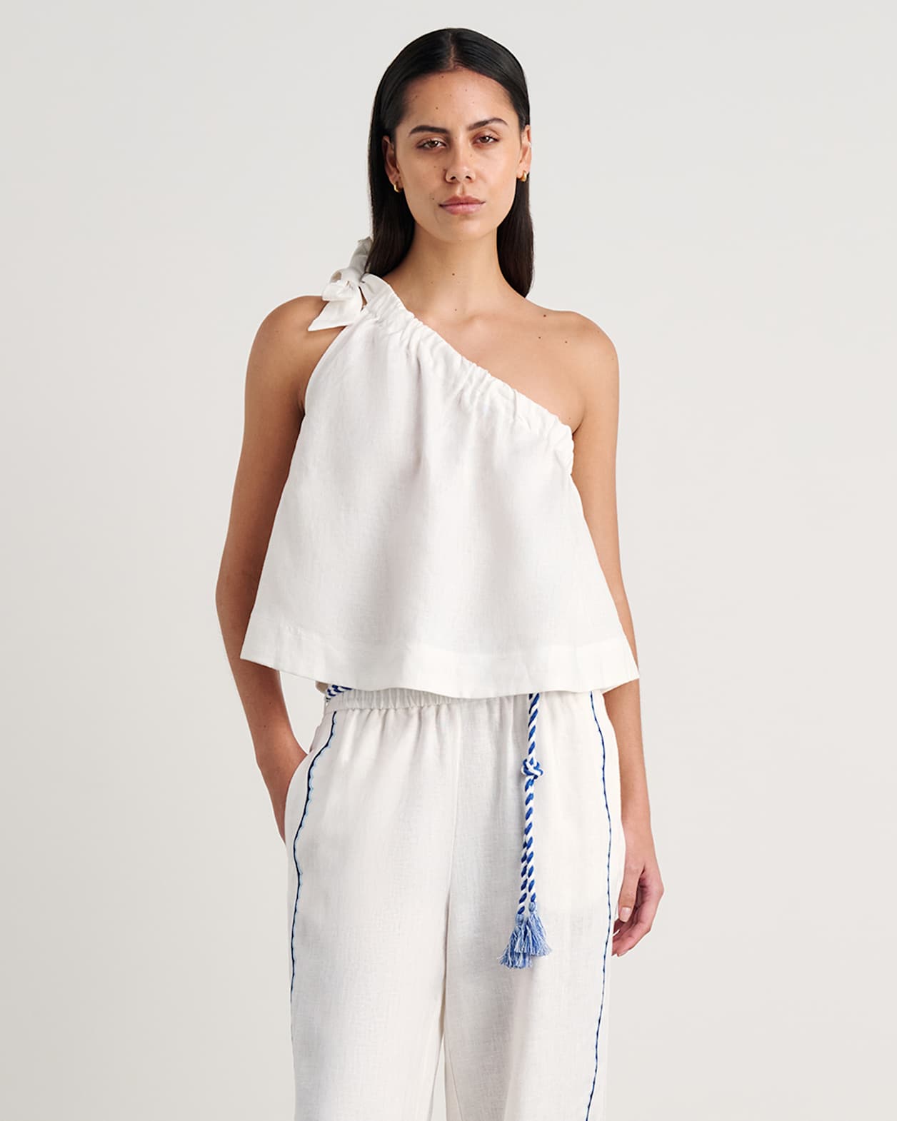 Ariel One Shoulder Linen Top in WHITE