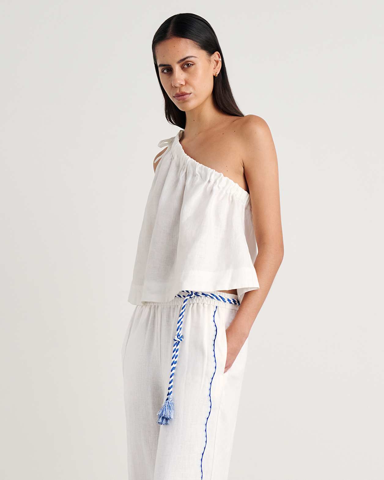 Ariel One Shoulder Linen Top in WHITE