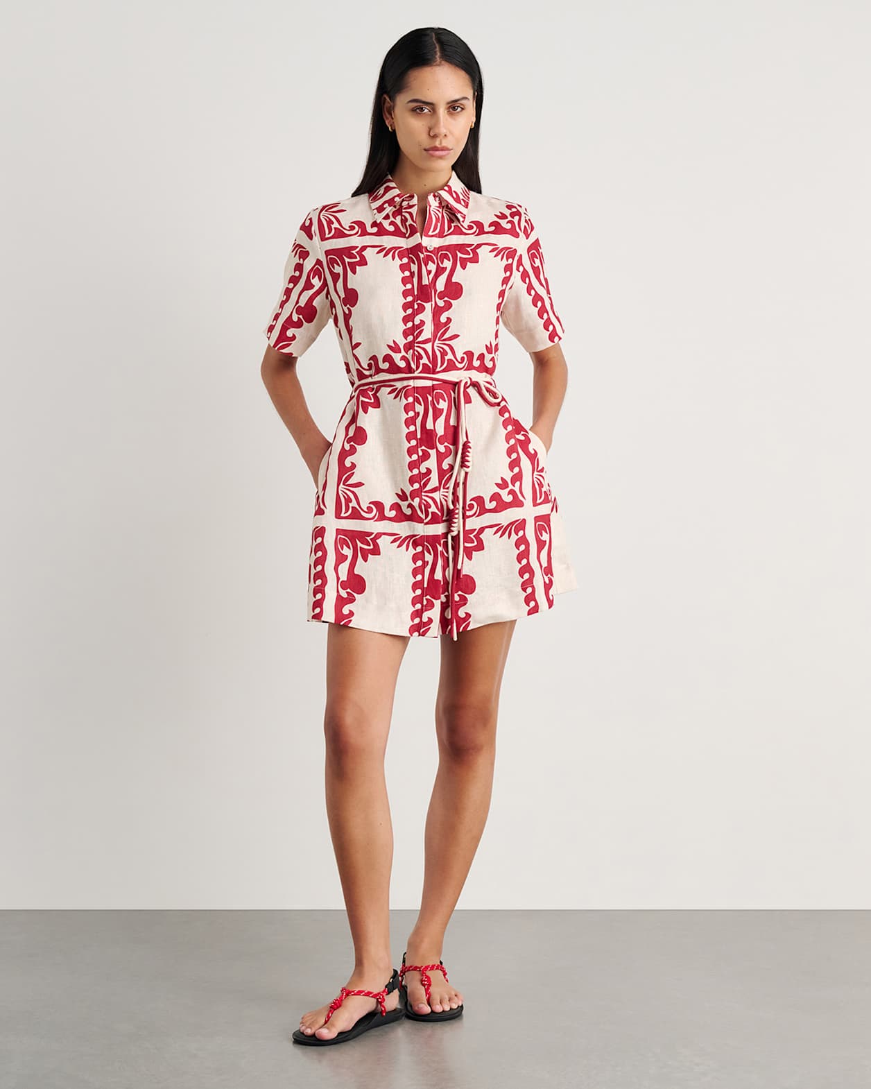 Wave Linen Shirt Dress in RED MULTI