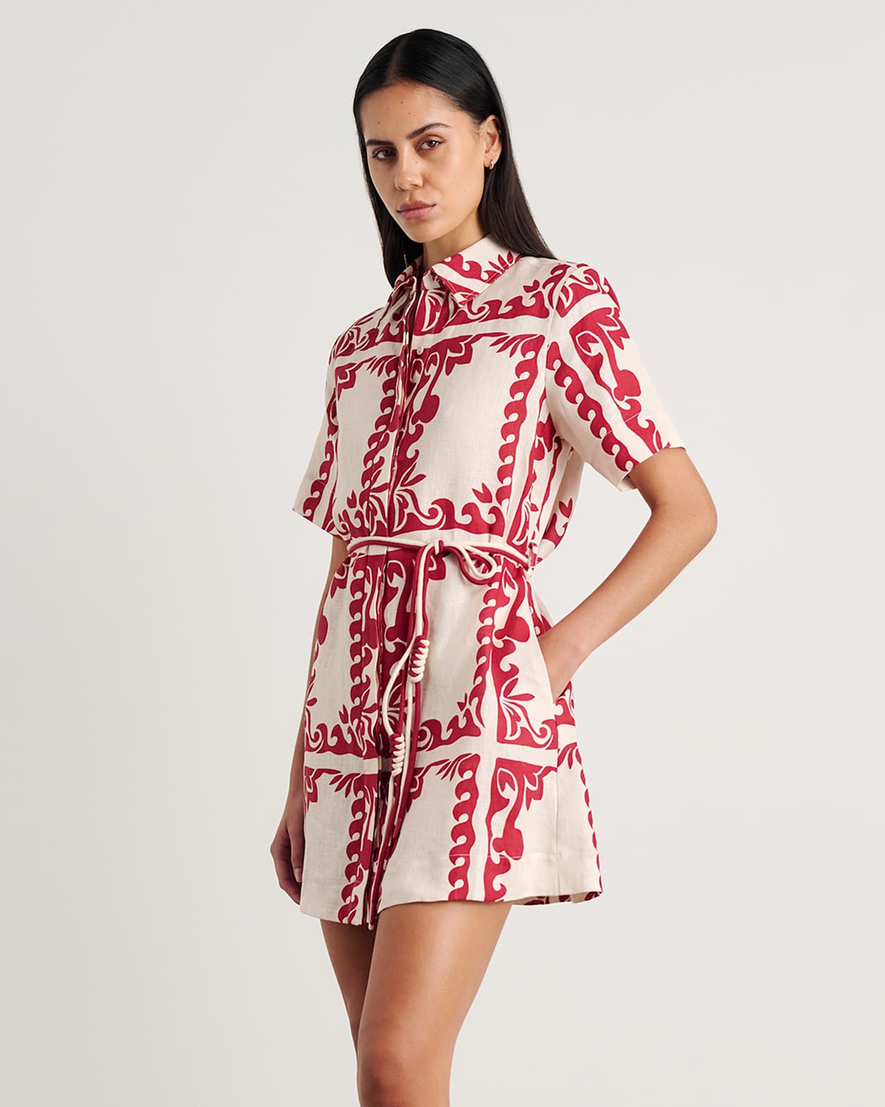 Wave Linen Shirt Dress in RED MULTI