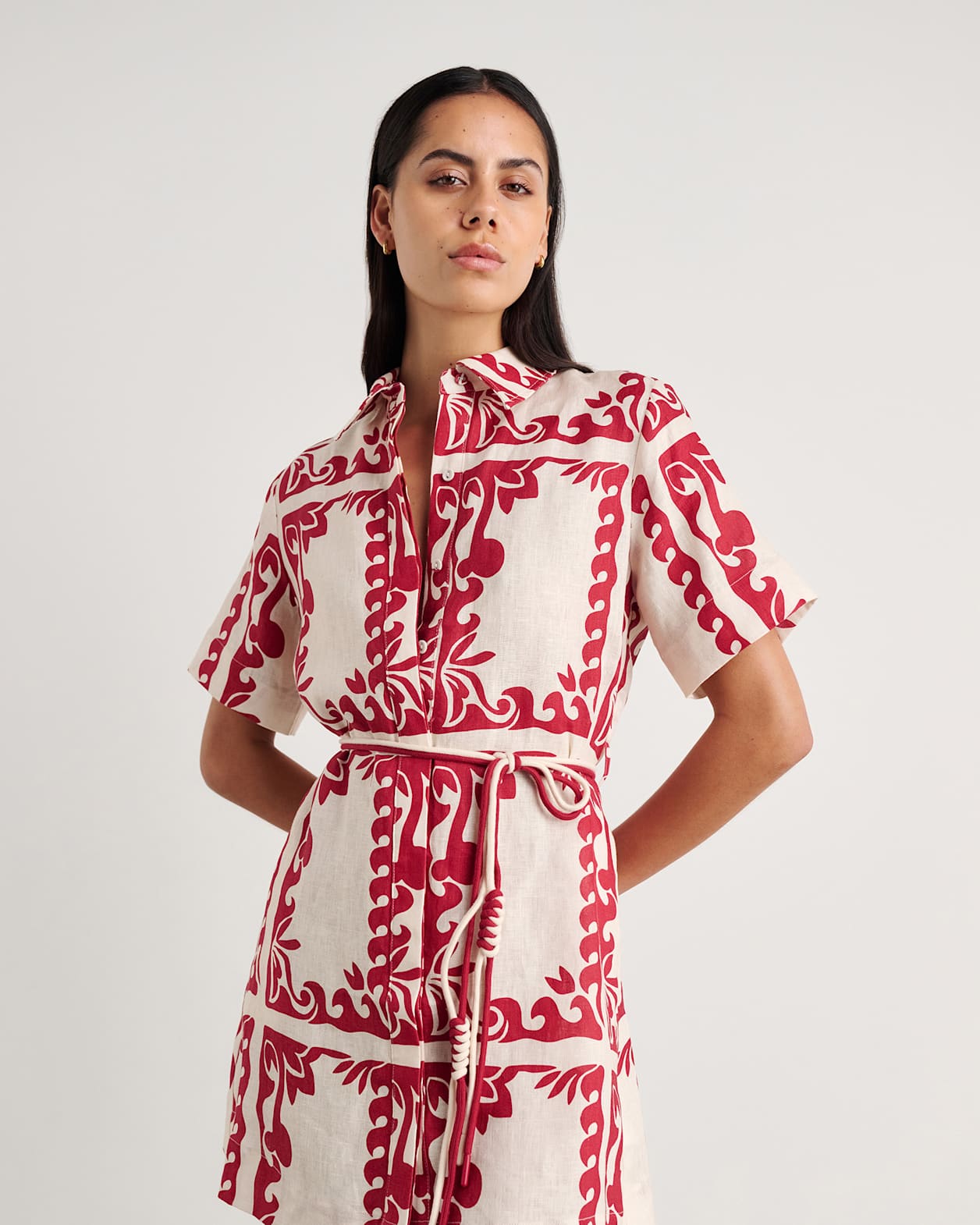 Wave Linen Shirt Dress in RED MULTI