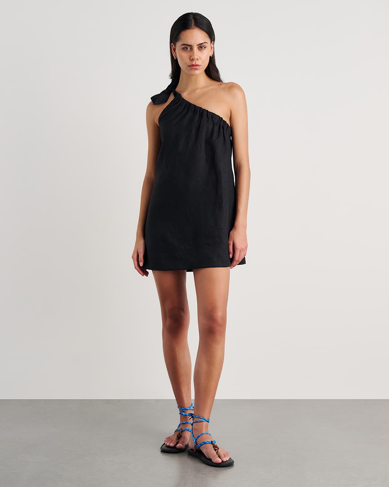 Ariel One Shoulder Linen Dress in BLACK
