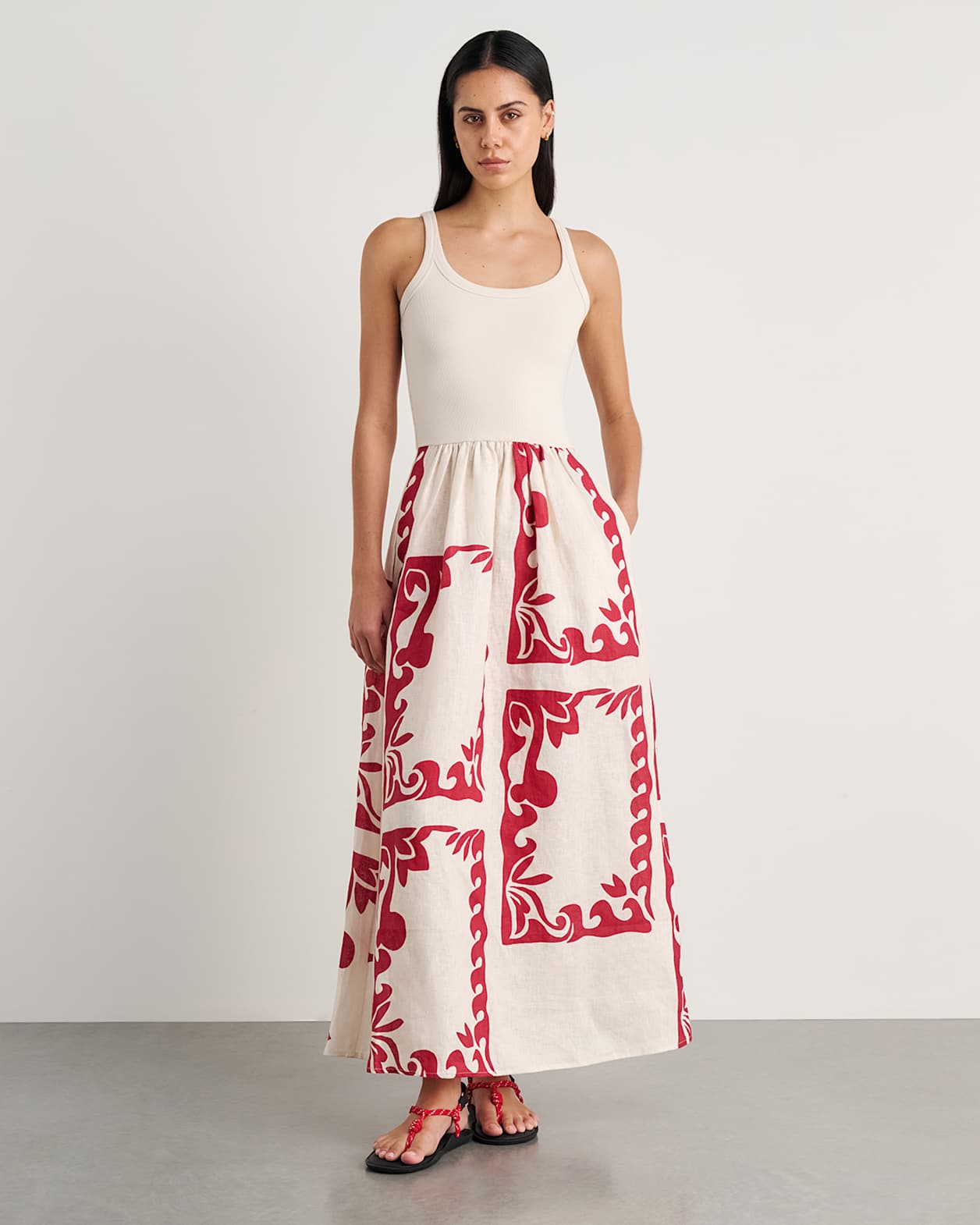 Wave Mixed Media Dress in RED MULTI