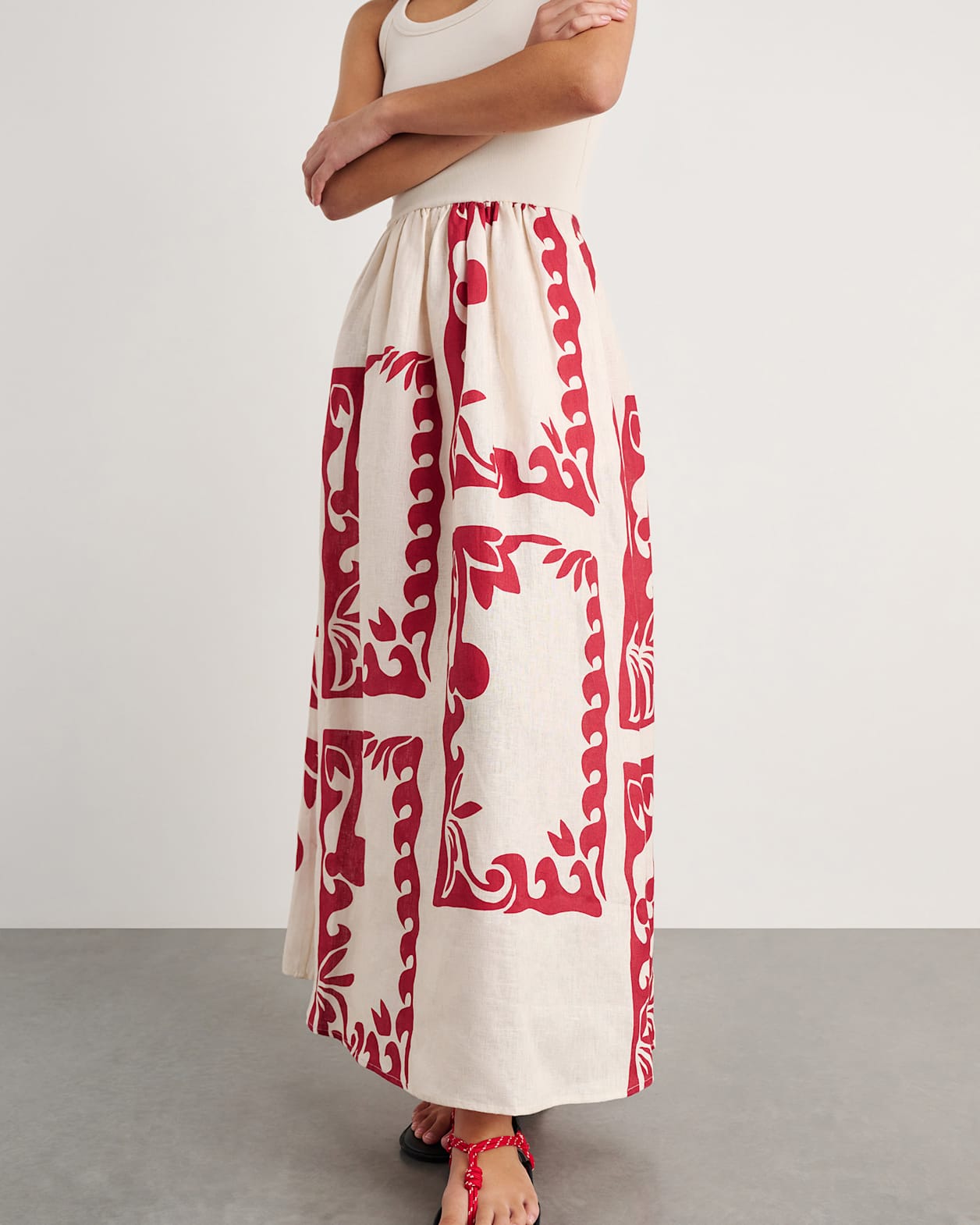 Wave Mixed Media Dress in RED MULTI
