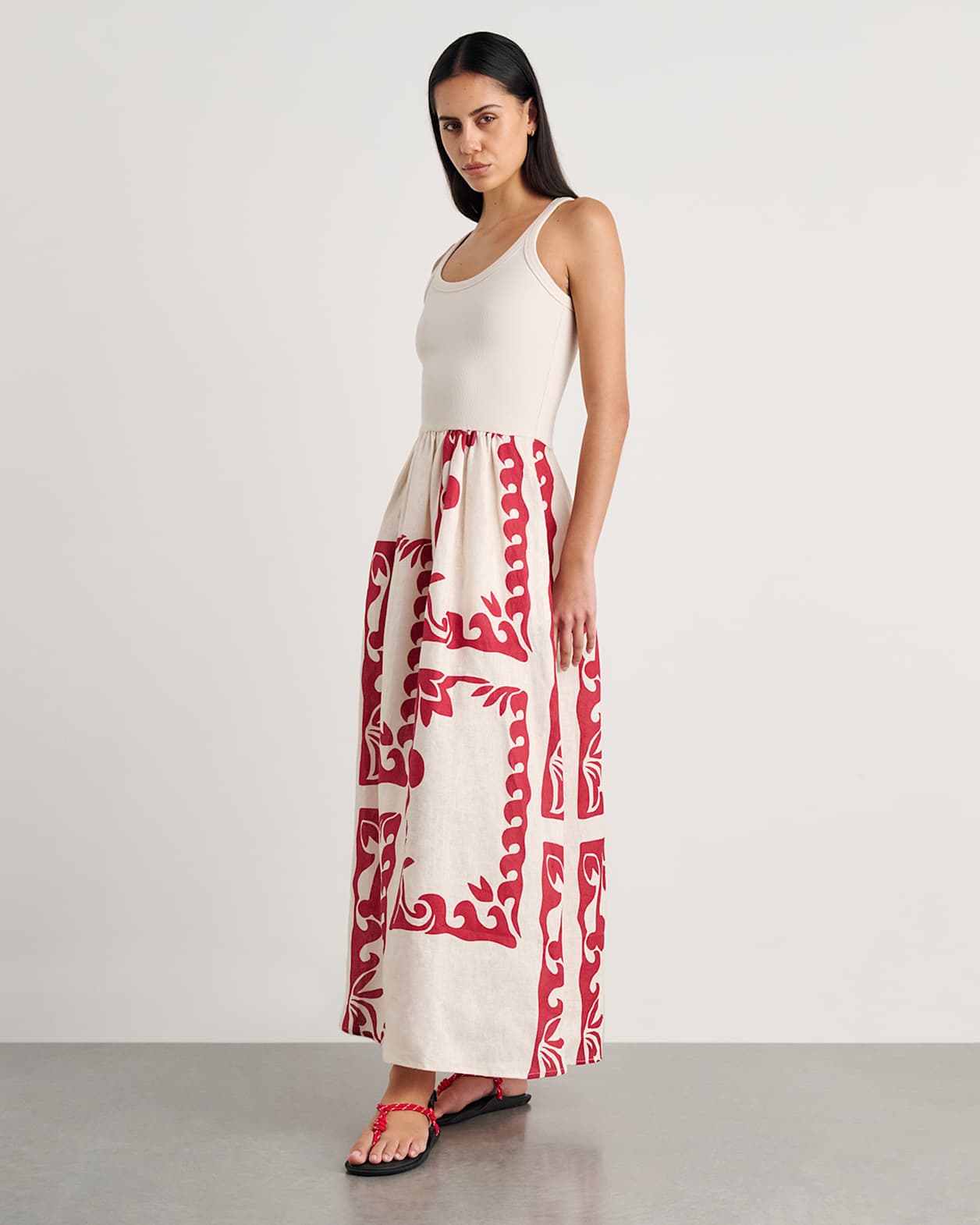Wave Mixed Media Dress in RED MULTI