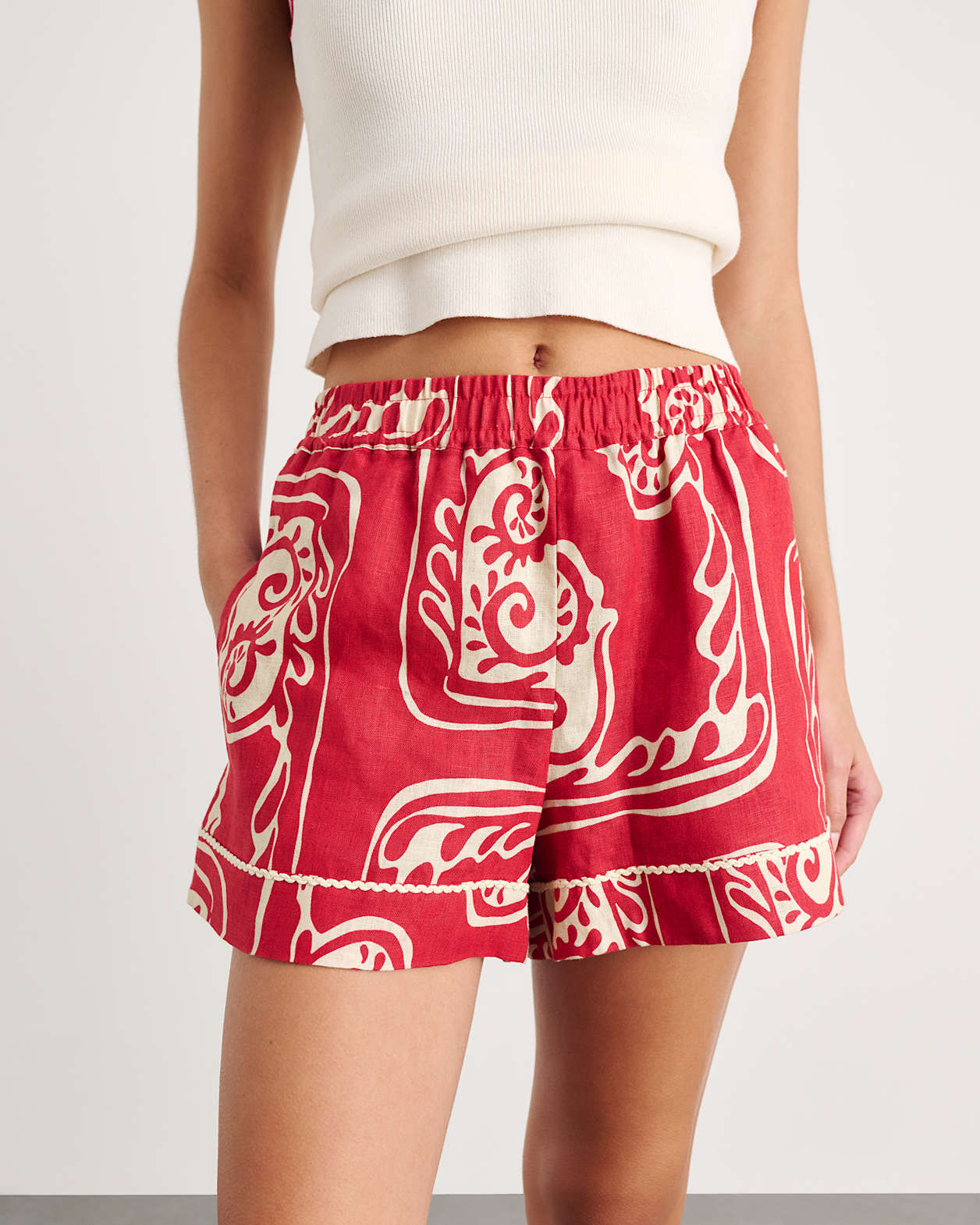 Ceezee Linen Pull On Short in RED MULTI