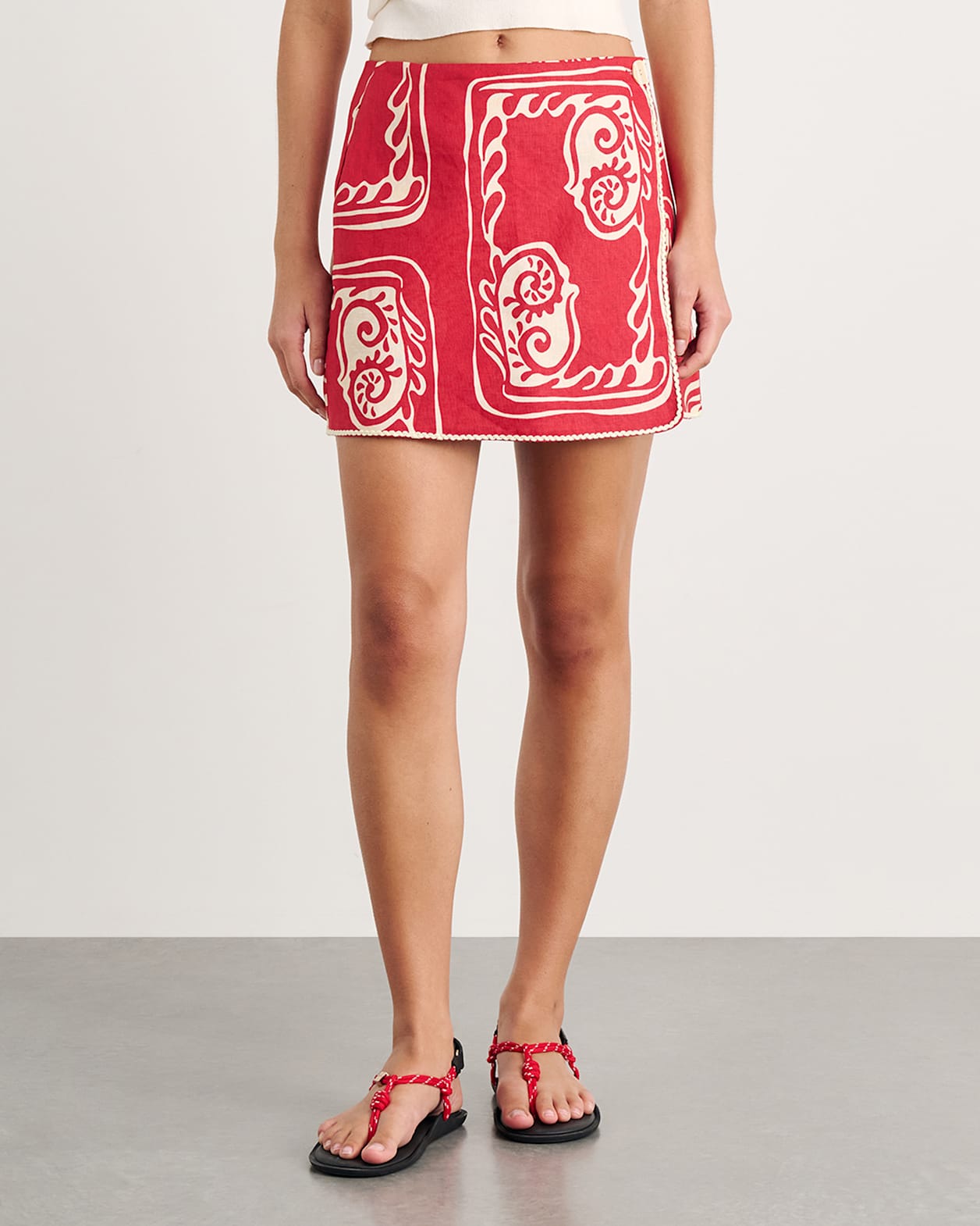 Ceezee Linen Wrap Mini Skirt in RED MULTI
