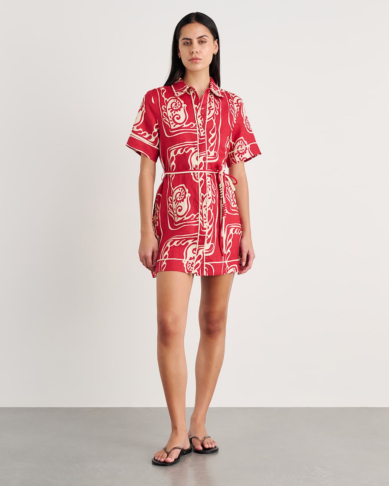Ceezee Linen Shirt Dress in RED MULTI