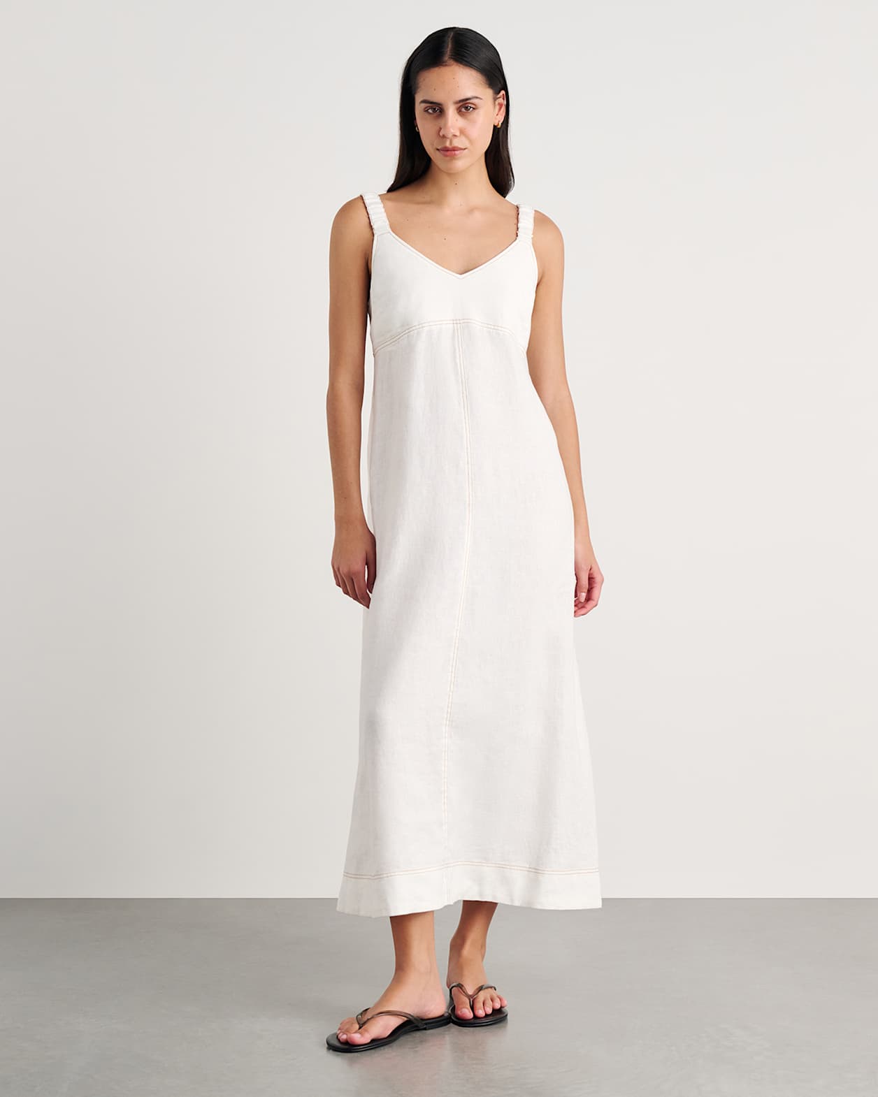 Sara Linen Midi Dress in WHITE