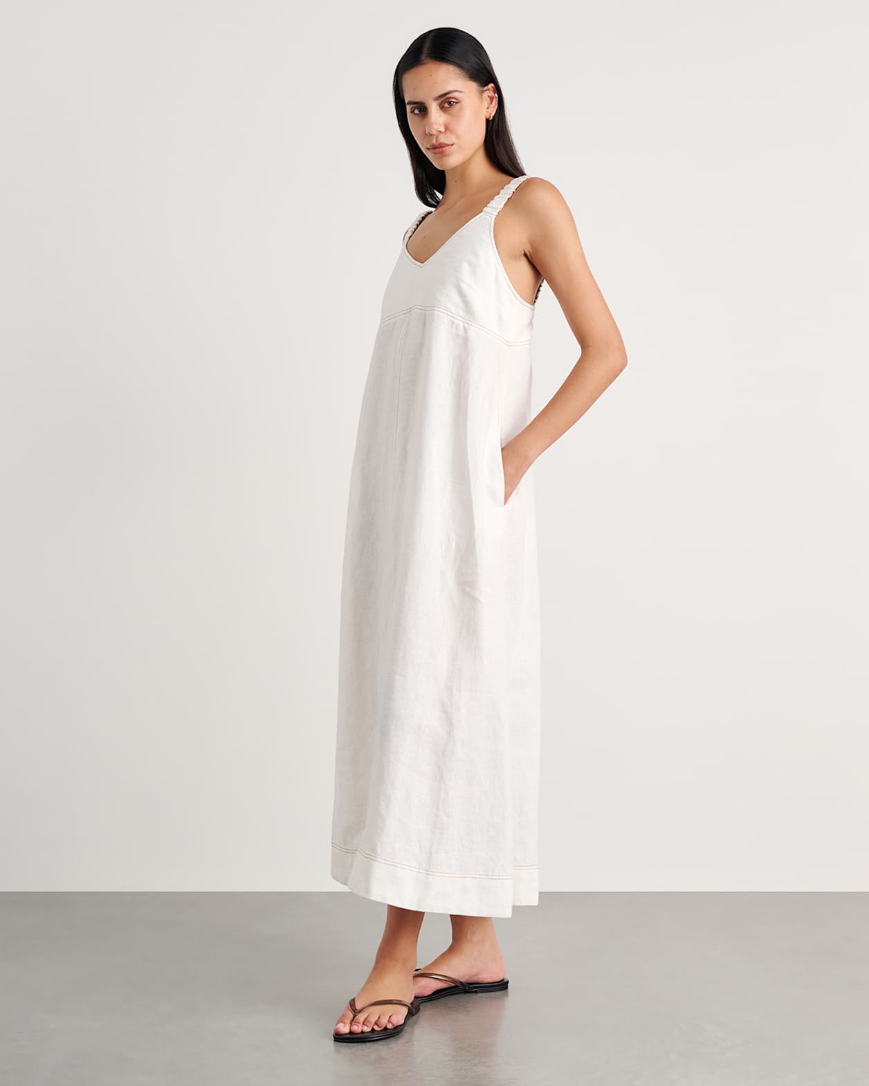 Sara Linen Midi Dress in WHITE