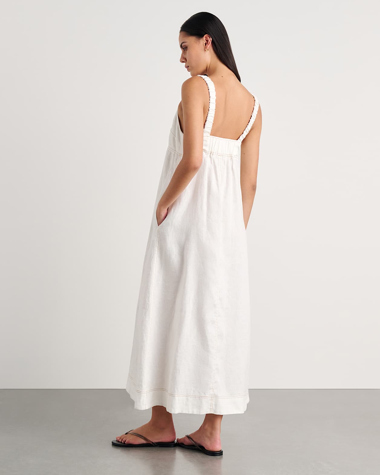 Sara Linen Midi Dress in WHITE