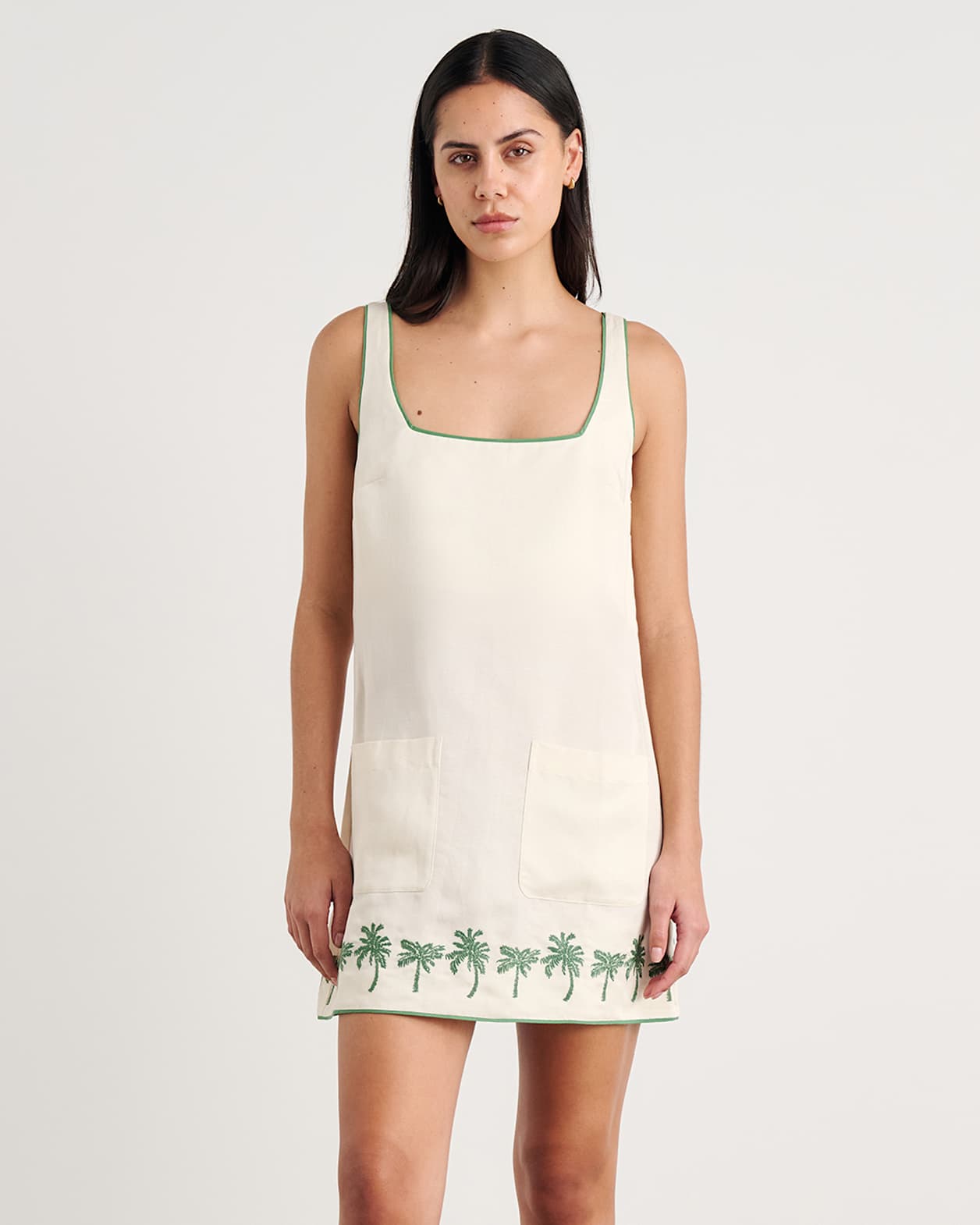 Palm Embroidered Mini Dress in IVORY/MOSS