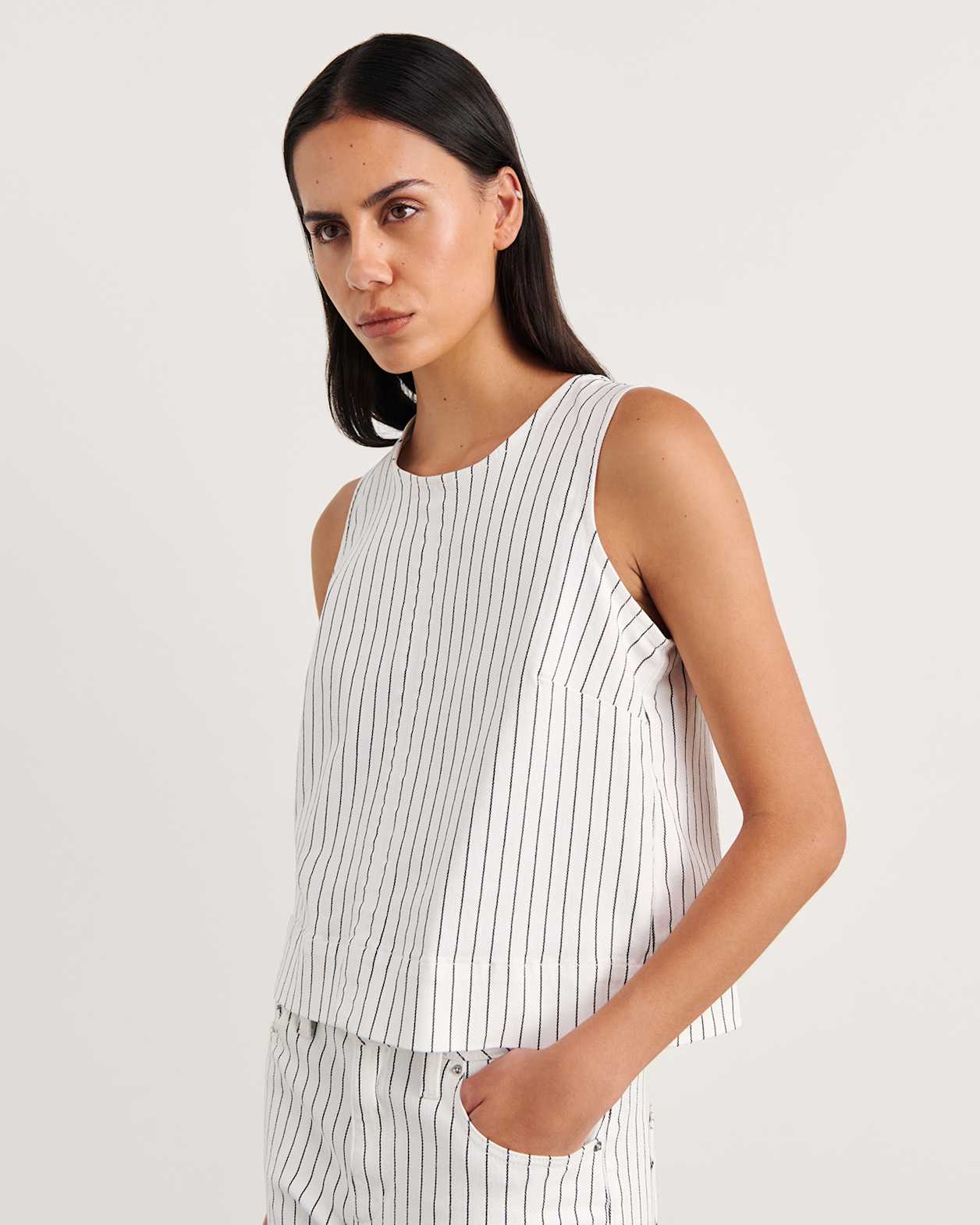 Billie Stripe Denim Top in WHITE/BLACK