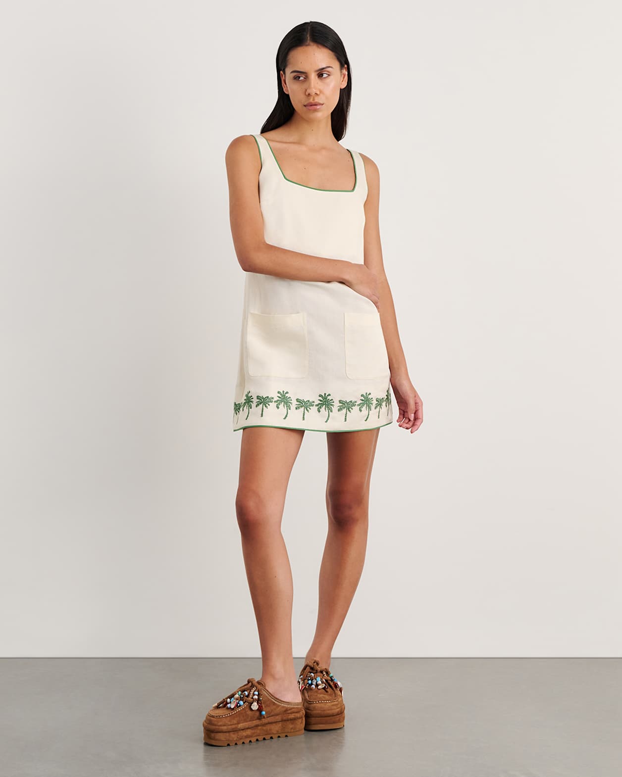 Palm Embroidered Mini Dress in IVORY/MOSS