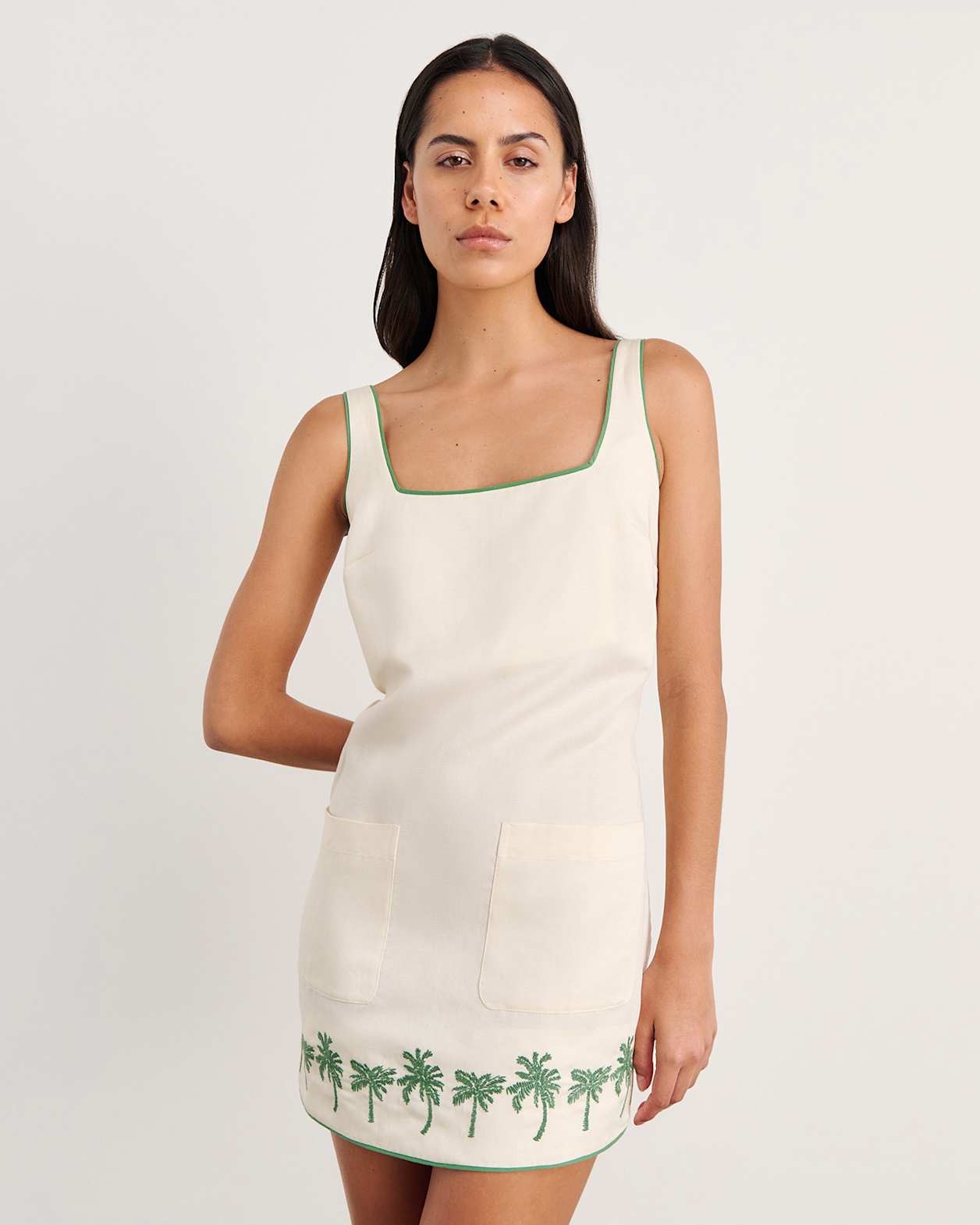 Palm Embroidered Mini Dress in IVORY/MOSS