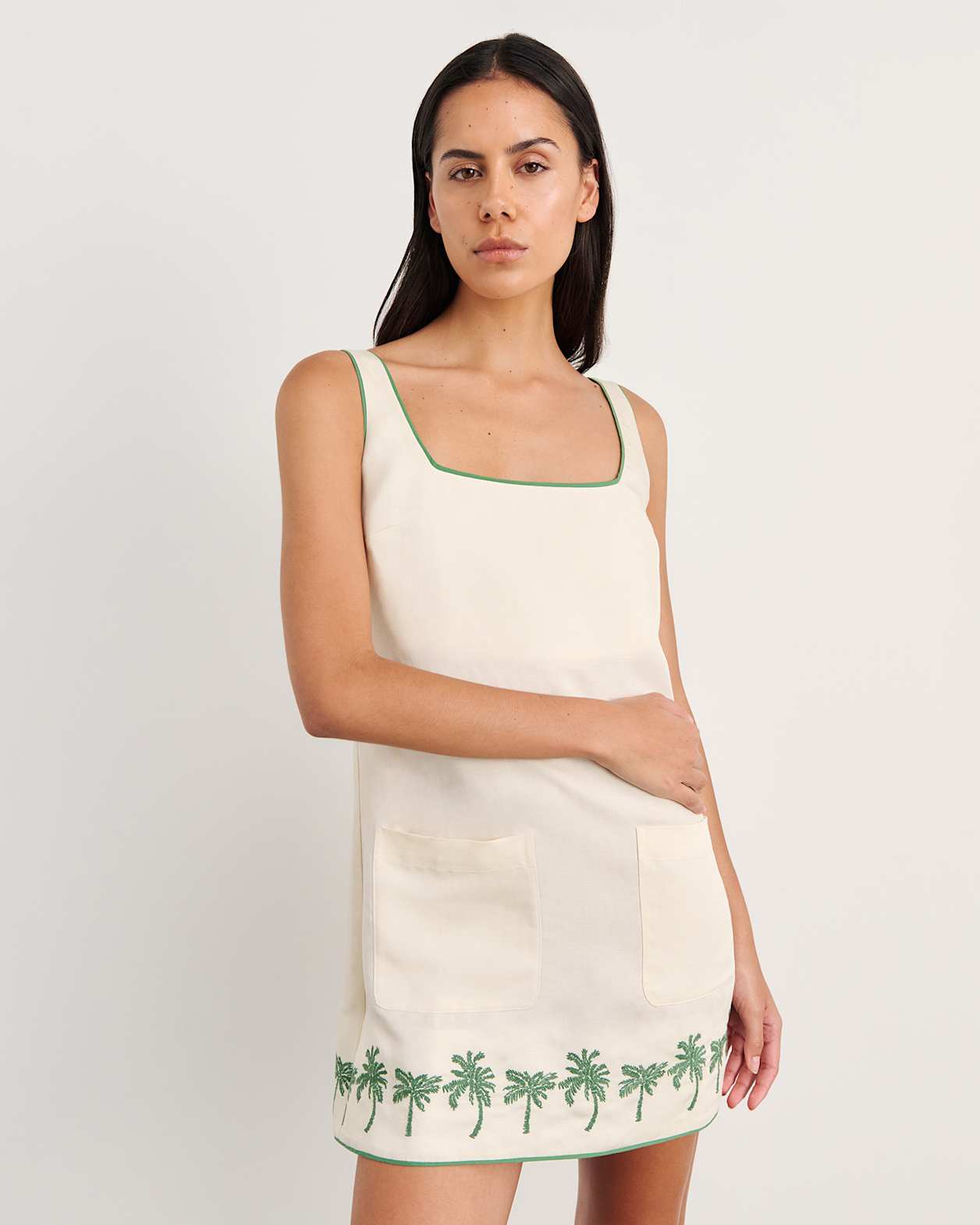 Palm Embroidered Mini Dress in IVORY/MOSS