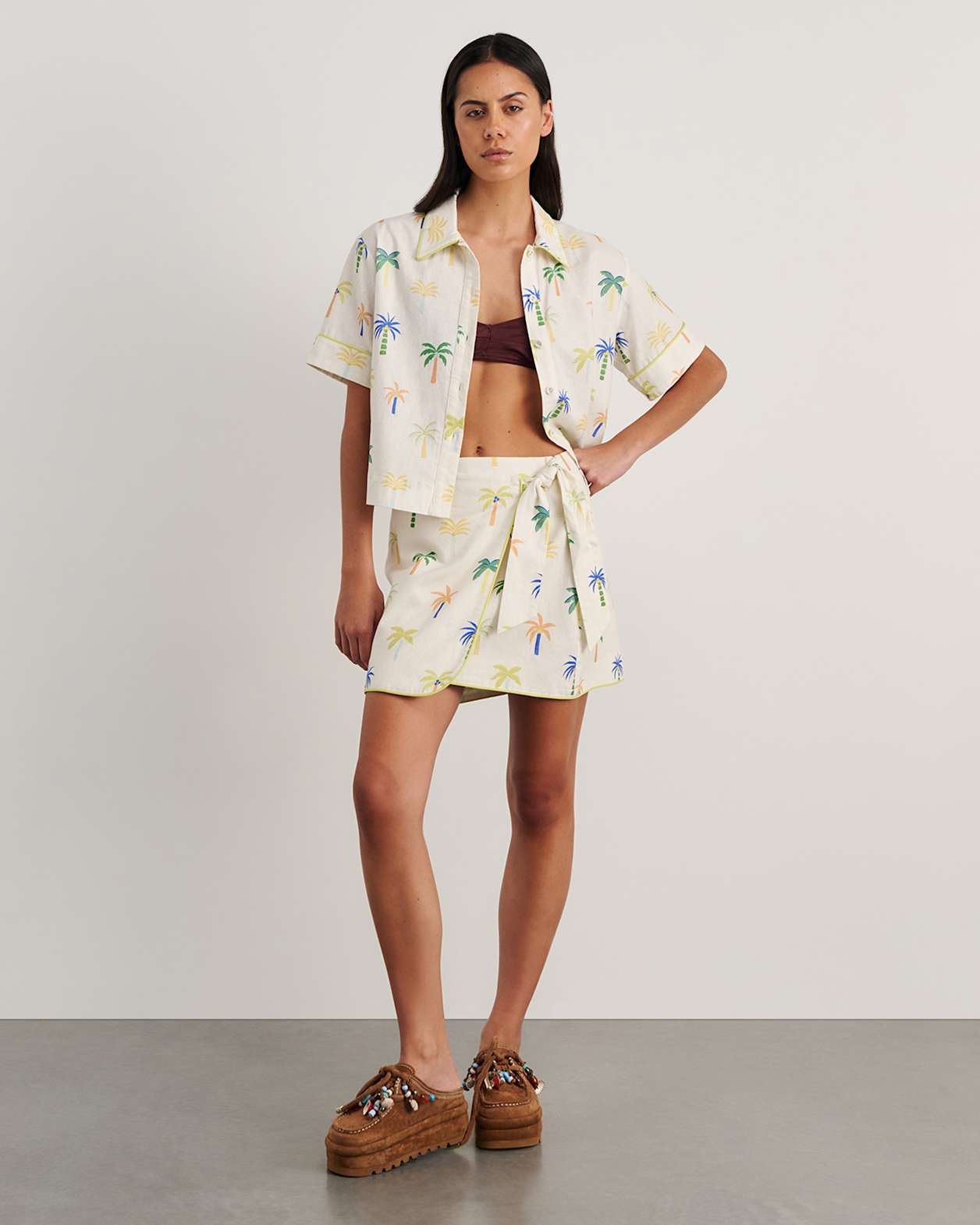 Palm Tie Wrap Mini Skirt in IVORY/MULTI