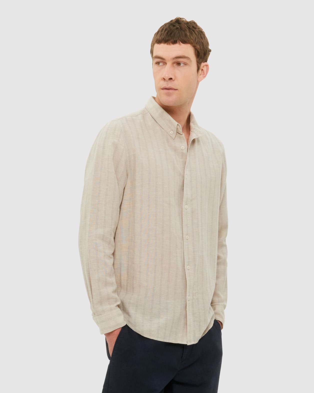 Stripe Lyocell Linen Shirt in Oatmeal/Navy