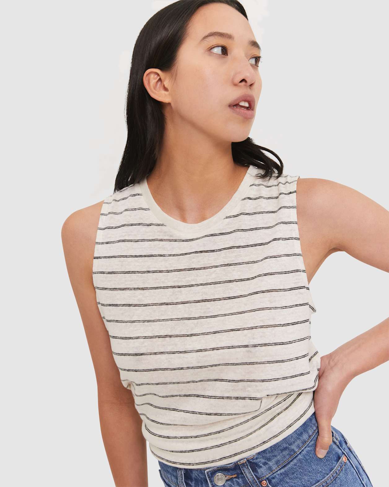 Ava Stripe Linen Tank in WHITE/BLACK