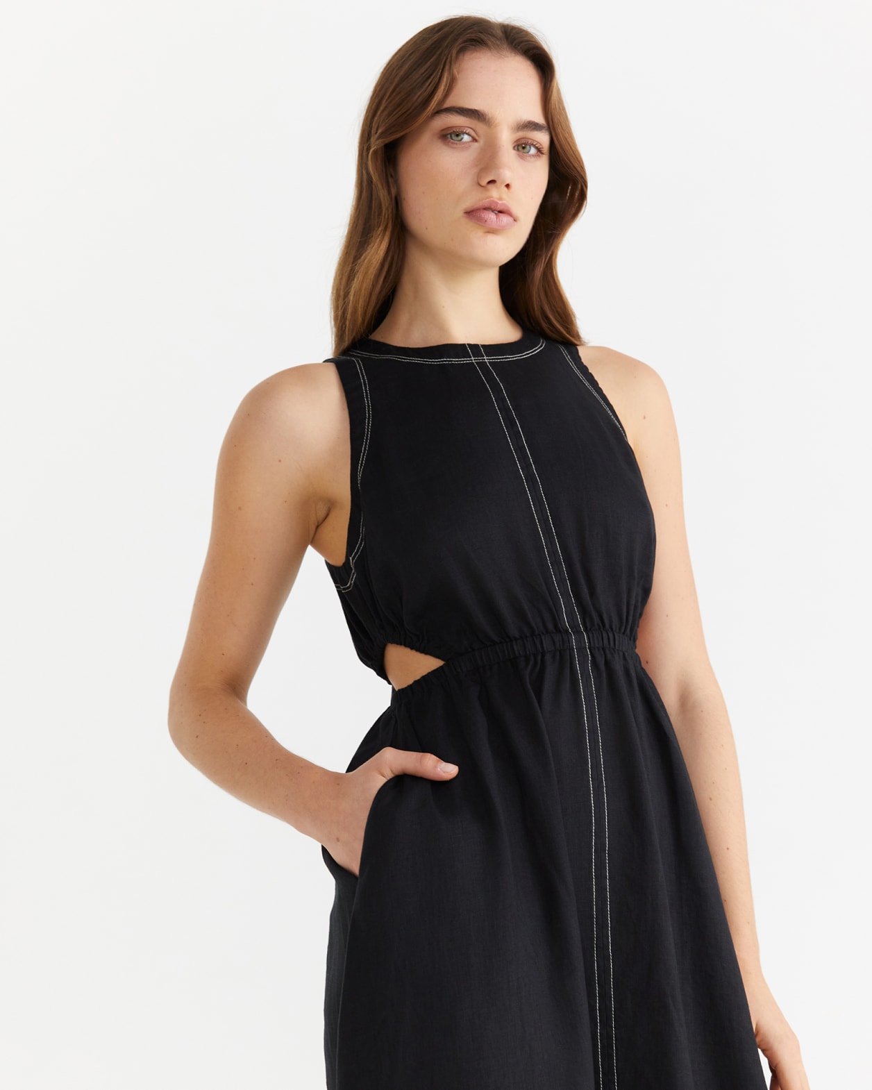 Linen Cutout Maxi Dress in BLACK