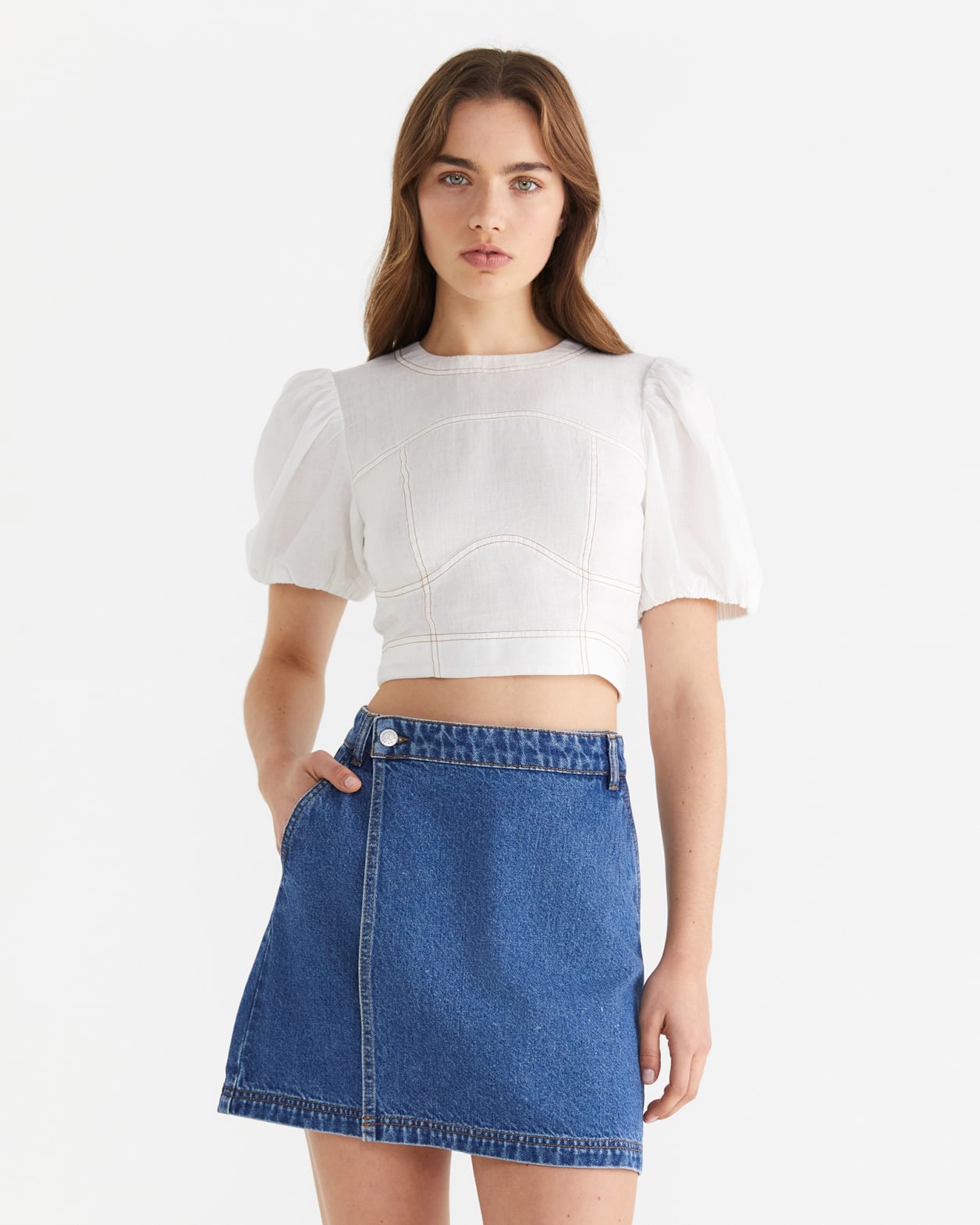 Charlie Linen Puff Sleeve Top in WHITE