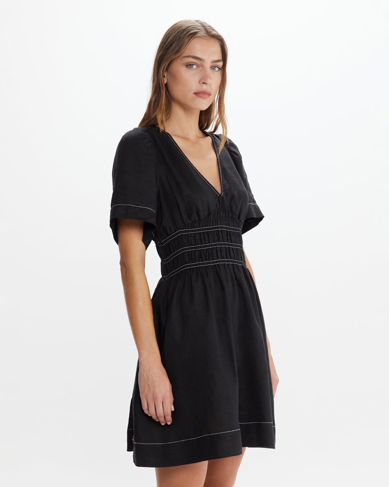 Siena Linen V Neck Mini Dress in BLACK