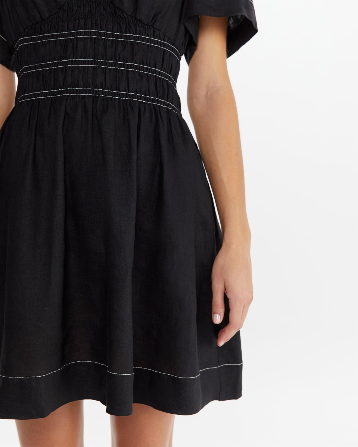 Siena Linen V Neck Mini Dress in BLACK
