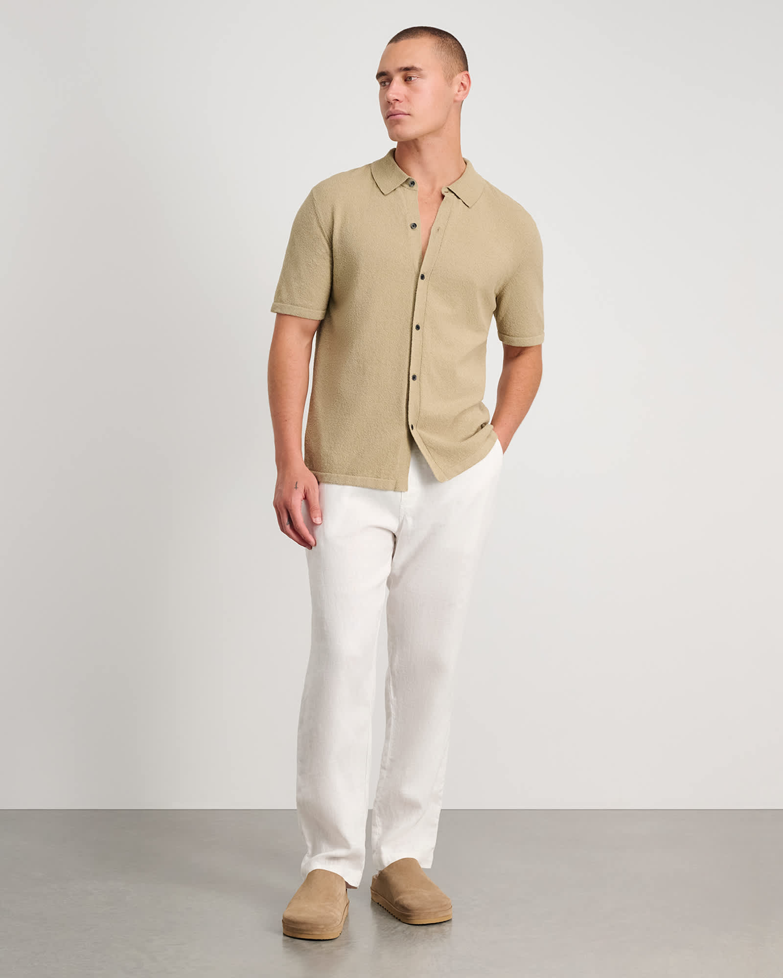 シャツ MIXED BOUCLE KNIT HALF SLEEVE MULTI Benny Cotton Boucle Knit Thru in Khaki | JAG